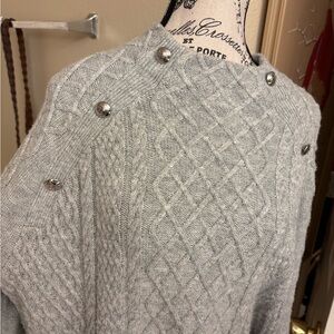 Chic Gray Cable Knit Sweater with Button Accents